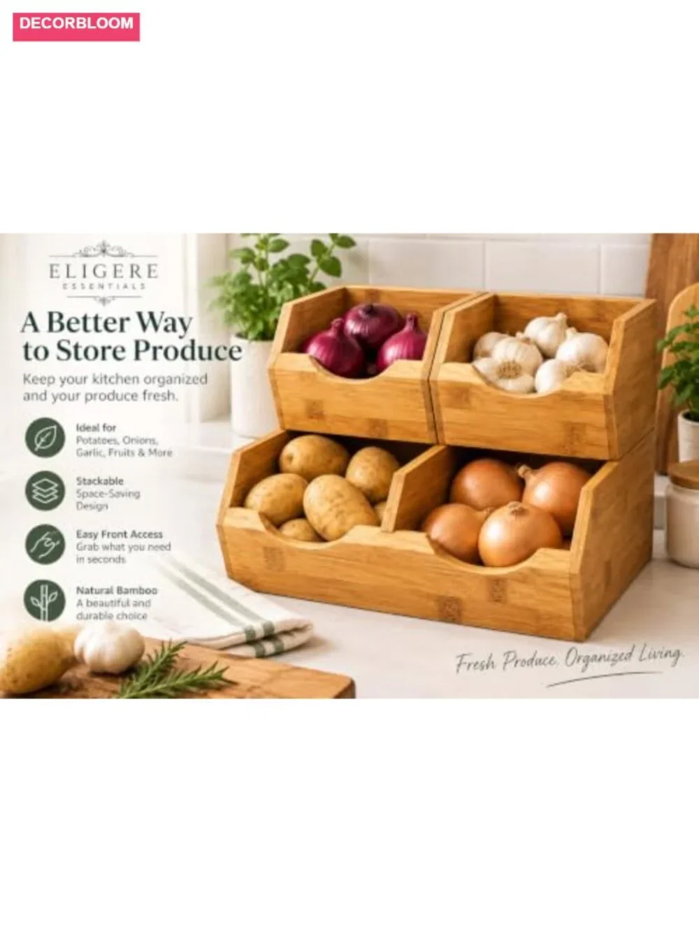 Bamboo Stackable Pantry Storage Bins Set 3 Piece Potato Onion Kitchen Organizer